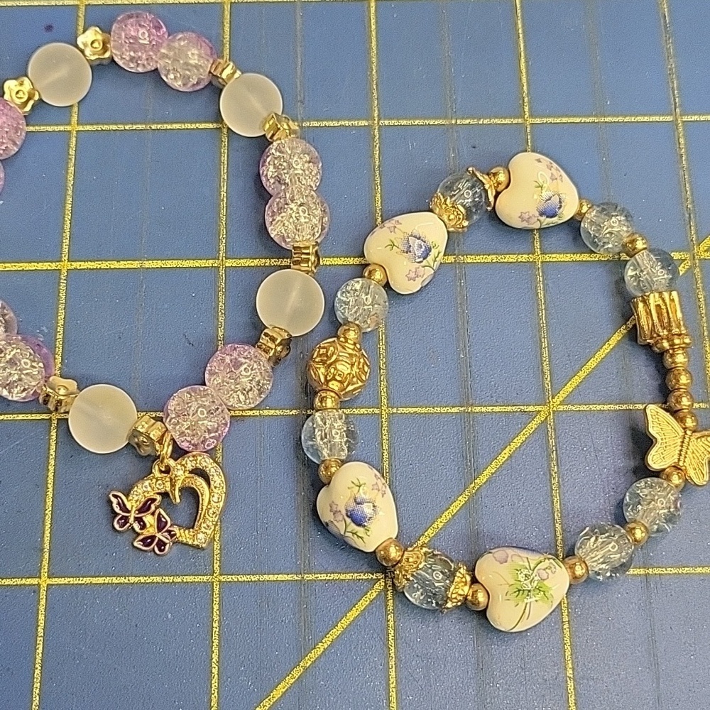 Purple Pink Blue Gold Tone Bead 8" Bracelets Set of 2